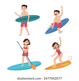 Human characters of surfers with their boards