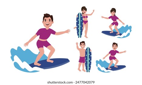 Personajes humanos de los surfistas con sus tablas