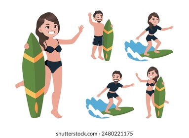 Human characters of surfers with their boards