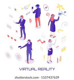 Personajes humanos en el mundo virtual durante chat, pintura, tiroteo, trabajo analítico con ilustración isométrica vectorial