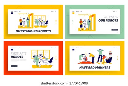 Human Characters Vs Robots, Spoiled Child Landing Page Template Set. Cyborg Kicking Employee Out of Office. Job Seekers Wait in Hall for Interview. Kids and Parents. Linear People Vector Illustration