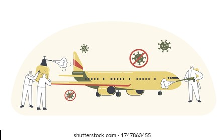 Human Characters Wear Protective Hazmat Suit Spraying Antibacterial Liquid Disinfectant Airplane in Airport Area. Contagious Virus Infection Spreading Prevention. Linear Vector People Illustration