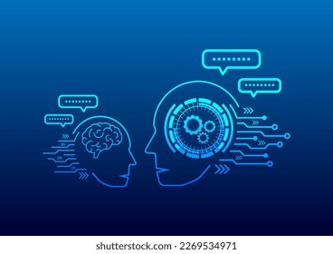 Human Chat with ai, Chat GPT. Technology communication, Blue background futuristic