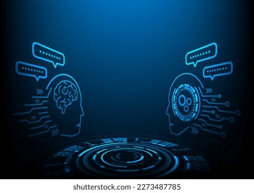 Human Chat with AI. Technology communication, Blue background futuristic. Human and bot chat. Future cooperation. Modern design 