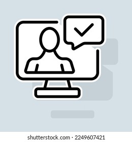 Human with check mark line icon. Rating, clipboard with thumbs up like, dislike, rate the service, clipboard with checkmark. Feedback concept. Vector sticker line icon on white background