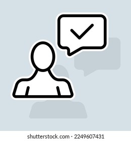 Human with check mark line icon. Like, dislike, rate the service, clipboard with checkmark, rating, clipboard with thumbs up. Feedback concept. Vector sticker line icon on white background