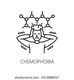 Icono de la quimiofobia humana, salud mental. Miedo a los químicos, trastorno mental símbolo de vector de línea delgada. Icono de la línea problemática de la psicología de la gente o signo con hombre preocupado, retrete molecular de la química