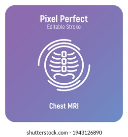 Human chest MRI scan thin line icon. Medical equipment for oncology detection. Pixel perfect, editable stroke. Vector illustration.