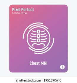 Human chest MRI scan thin line icon. Medical equipment for oncology detection. Pixel perfect, editable stroke. Vector illustration.