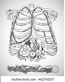 Human chest with vintage mechanism in ribs, parts of body and organs in steampunk style 