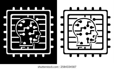 Human chip line icon black and white. Icon image with circuit path.