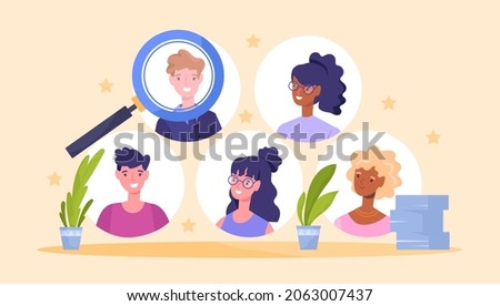 Human choice concept. Magnifier evaluates participants. Candidate search metaphor. Choosing talent for job vacancy, head hunt, business. Cartoon flat vector illustration isolated on yellow background