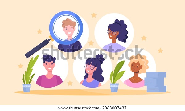 Human choice concept. Magnifier evaluates\
participants. Candidate search metaphor. Choosing talent for job\
vacancy, head hunt, business. Cartoon flat vector illustration\
isolated on yellow\
background