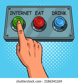 Human chooses internet food or drink to press button pop art retro vector illustration. Comic book style imitation.