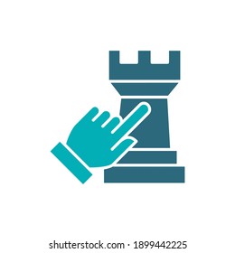Human chooses a rook chess piece colored icon. Board game, table entertainment symbol