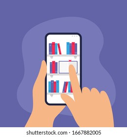 Human is choosing a book from a digital library on a phone. Flat Vector can be used by libraries, apps, landing pages, stores, schools or e-commerce.