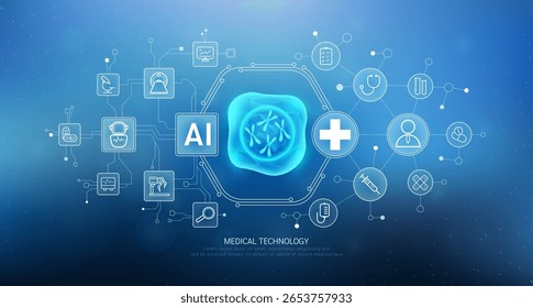 Human chromosome DNA in nucleus cell translucent with medical network icons. Artificial intelligence in health care technology. Innovation in digital health smart medical diagnostics. Vector. 