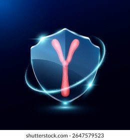 Human chromosome Y in translucent glass shield modern. Surrounded by glowing ring safety guardian. Medical health care genetic protection concept. Vector.