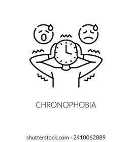 Human chronophobia phobia icon, mental health. Fear of passage time, people psychology or mental disorder linear vector symbol. Fear problem thin line pictogram or pictogram