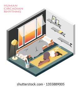 Human circadian rhythms isometric composition with room where business woman sleep on the floor vector illustration