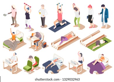 Human circadian rhythms isometric icon set with fatigue lack of sleep drowsiness vector illustration