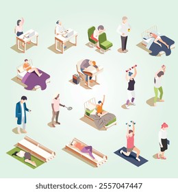 Human circadian rhythms isometric icon set with fatigue lack of sleep drowsiness illustration