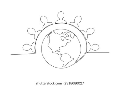 The human circles half the earth. World population day one-line drawing