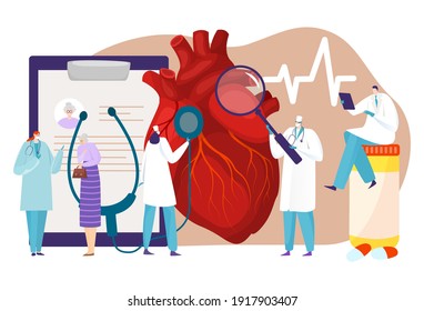 Human circulatory system, patient heart disease, medical research, cardiology department, tiny cartoon style vector illustration. Doctor cardiologist, men women in cardiology department, medical staff