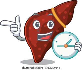 Human cirrhosis liver mascot design concept smiling with clock