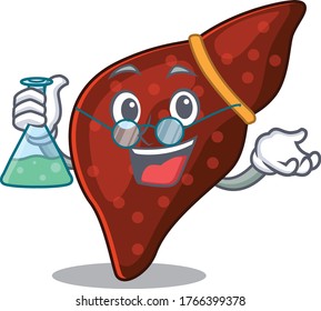 Human cirrhosis liver smart Professor Cartoon design style working with glass tube