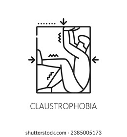 Human claustrophobia phobia icon, mental health. Fear of enclosed spaces, mental disorder thin line vector pictogram. People psychology problem line symbol or icon with man in tight space