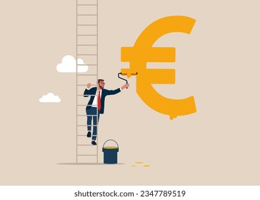 Human climb up ladder to paint a euro symbol. Young businessman draws with yellow paint and a brush close-up. 