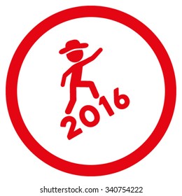 Human Climbing 2016 vector icon. Style is flat circled symbol, red color, rounded angles, white background.
