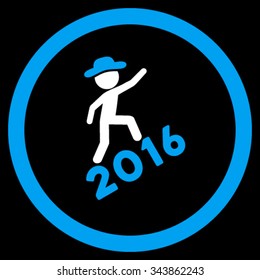 Human Climbing 2016 vector icon. Style is bicolor flat circled symbol, blue and white colors, rounded angles, black background.