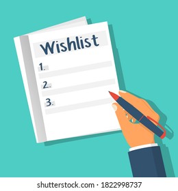 Human in the clipboard is writing wish list. Wishlist on a white sheet. Vector illustration flat design. Template for editing, to-do list and checklist.