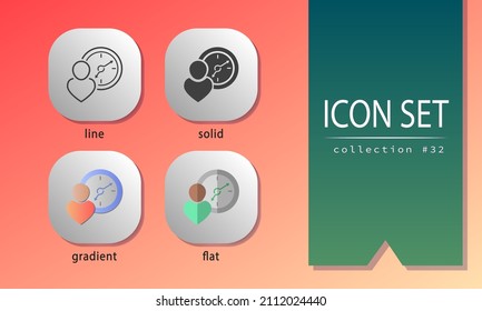 Human with a clock behind him. Business deadline icons with man and watch with arrow. Time symbols in line, solid, flat and gradient style for websites, social network, mobile apps, media, etc.