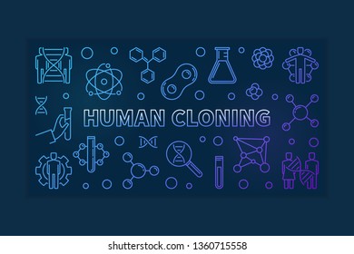 Human cloning colorful thin line horizontal illustration on dark background. Vector science banner