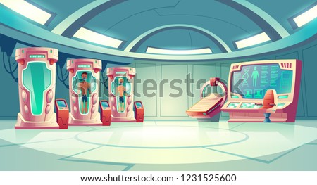 Human cloning or dna research in secret science laboratory carton vector concept with young men sleeping in capsule with fluid, MRI scanner and empty operator chair near control panel with huge screen