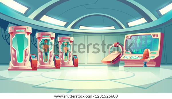 Human cloning or dna research in secret science\
laboratory carton vector concept with young men sleeping in capsule\
with fluid, MRI scanner and empty operator chair near control panel\
with huge screen