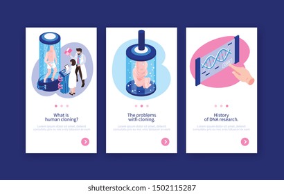 Human cloning vertical banners as web advertising of science articles about genetic engineering isometric vector illustration 