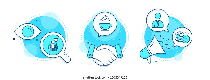 Iconos de línea de administración de tiempo, taza de café y humano. Contratos de apretón de manos, investigación y promoción de iconos complejos. Signo de amistad. Perfil de persona, crema batida, reloj mundial. Confía en amigos. Vector
