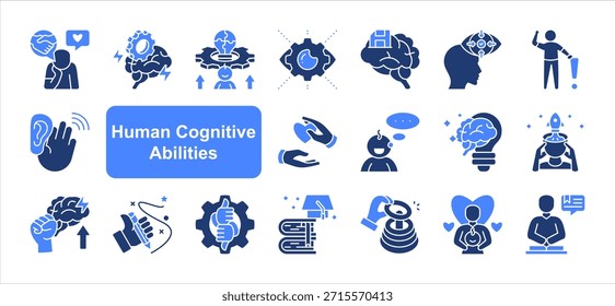 Ícone de habilidades cognitivas humanas definido com Pensamento, Memória, Concentração, Criatividade, Imaginação, Aprendizagem, Conquista vetor simples.