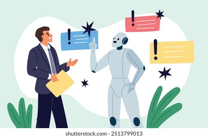 Colaboración humana con inteligencia artificial. Hombre de negocios hablando con el robot. Cyborg compartiendo ideas. Android y la cooperación de los empleados. Comunicación empresarial. Garish