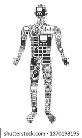 Human collage icon created for bigdata and computing purposes. Vector human mosaics are united from computer, calculator, connections, wi-fi, network, interface symbols into abstract collage.
