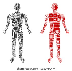 Human collage icons combined for bigdata illustrations. Vector human mosaics are combined from computer, calculator, connections, wi-fi, network symbols into abstract compositions.