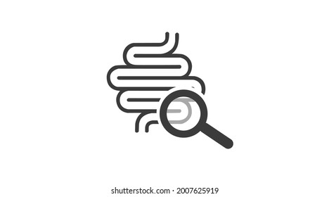 Humanmedizinisch-medizinische Untersuchung, Vektorsymbol. Humanmedizinisch-medizinische Untersuchung, Vektorsymbol. Illustration des menschlichen Verdauungssystems mit Vergrößerungsglas