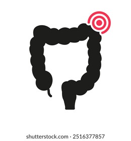 Human Colon Silhouette Icon. Inflammation, Infection, Disease, Colorectal Cancer. Medical and Health Pictogram. Isolated Vector Illustration.