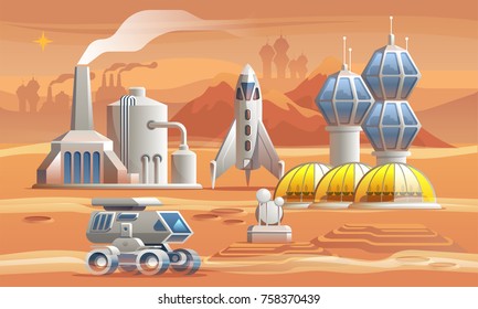 Human colonizators on Mars. Rover drives across the red planet near factory, greenhouse and spaceship.