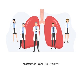 Human color lungs shape in flat style vector illustration isolated on white background. Medical poster with human organ and doctors.