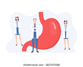 Forma del estómago de color humano en ilustración vectorial de estilo plano aislada en fondo blanco. Afiche médico con órganos humanos y médicos.